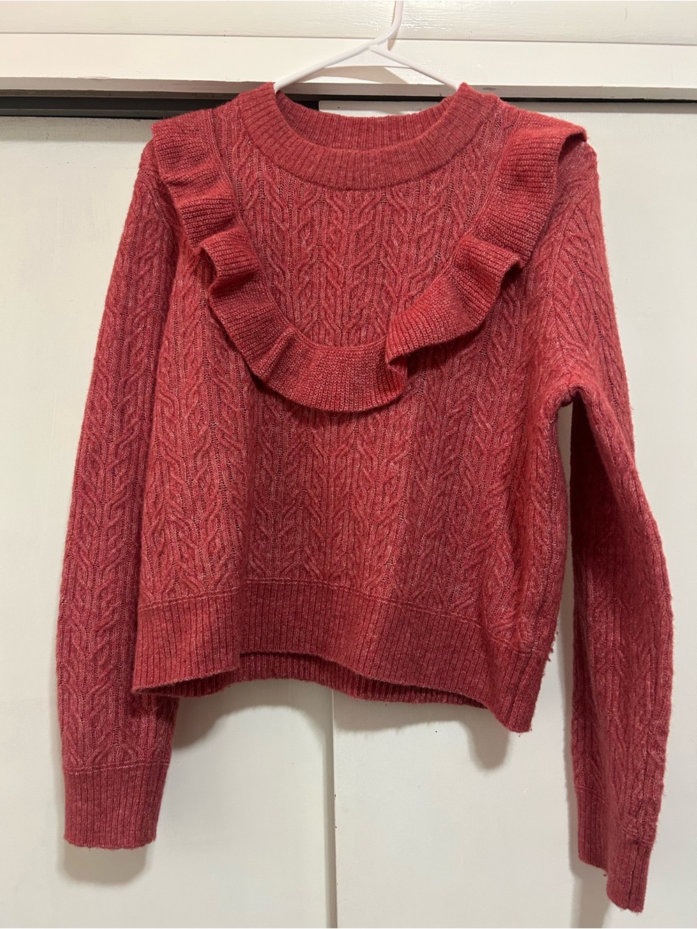 Women's Pink Ruffle Cable Knit Sweater